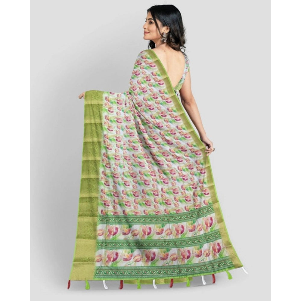 Women's Cotton Blend Floral Printed Saree With Unstitched Blouse 5.5Mtr (Green-White)