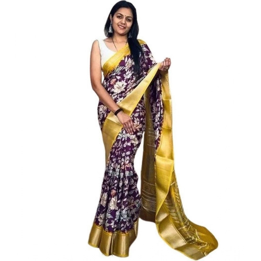 Women's Cotton Blend Floral Printed Saree With Unstitched Blouse 5.5Mtr (Purple)