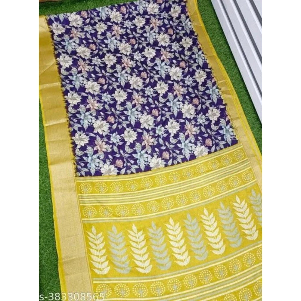 Women's Cotton Blend Floral Printed Saree With Unstitched Blouse 5.5Mtr (Purple)