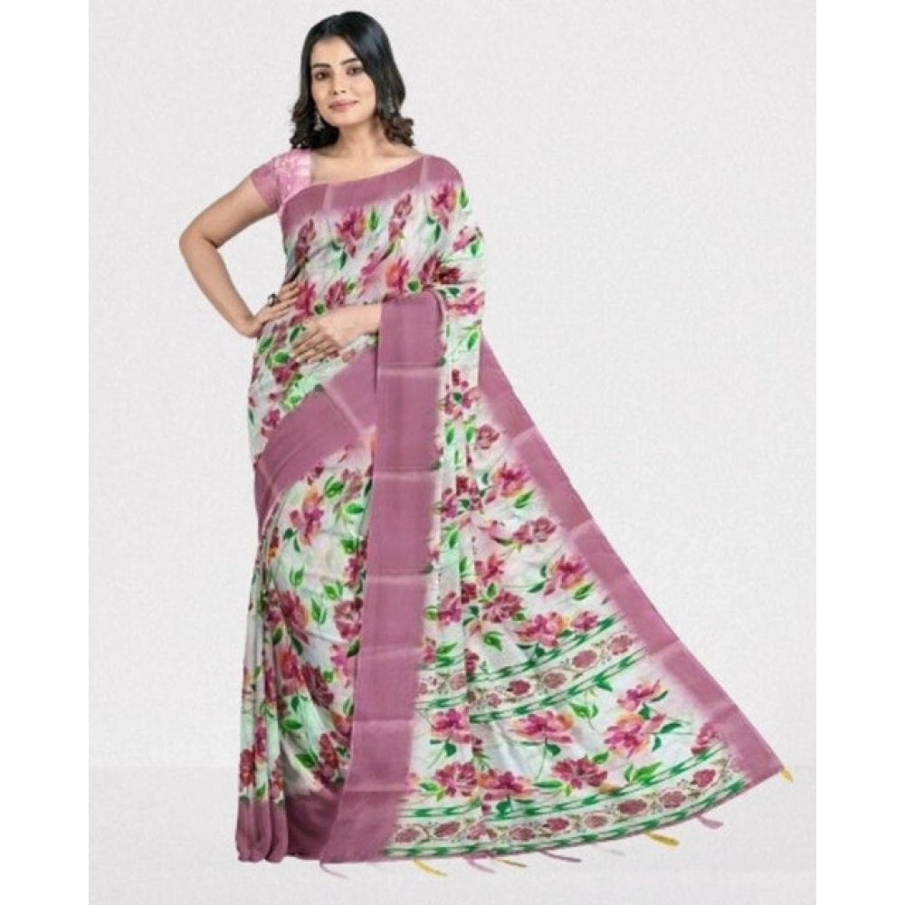 Women's Cotton Blend Floral Printed Saree With Unstitched Blouse 5.5Mtr (Pink)