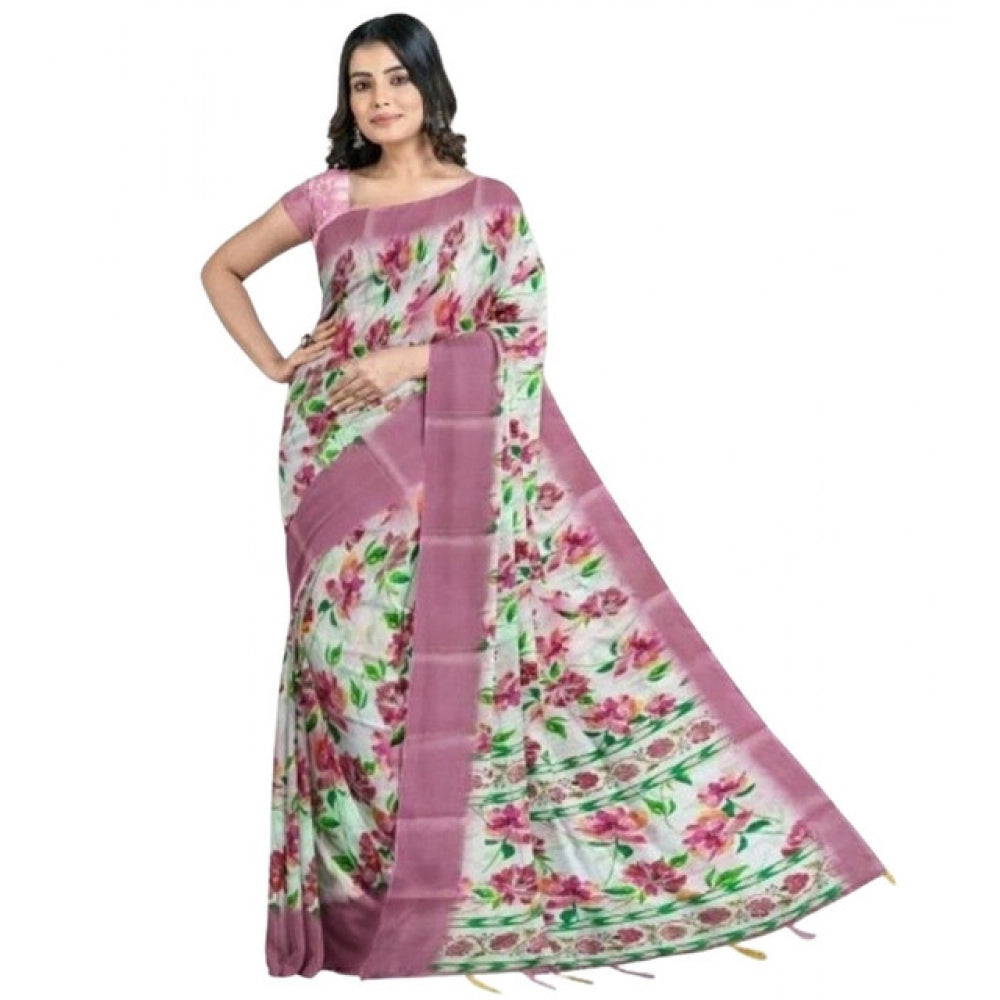 Women's Cotton Blend Floral Printed Saree With Unstitched Blouse 5.5Mtr (Pink)