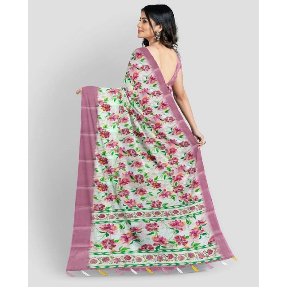 Women's Cotton Blend Floral Printed Saree With Unstitched Blouse 5.5Mtr (Pink)