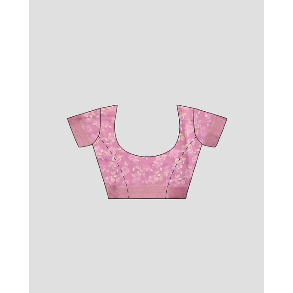 Women's Cotton Blend Floral Printed Saree With Unstitched Blouse 5.5Mtr (Pink)