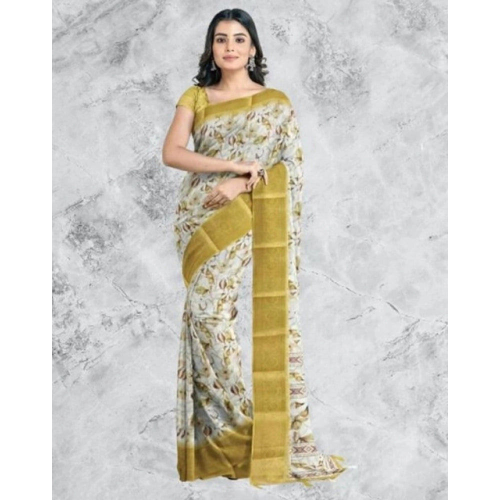 Women's Cotton Blend Floral Printed Saree With Unstitched Blouse 5.5Mtr (Mustard)