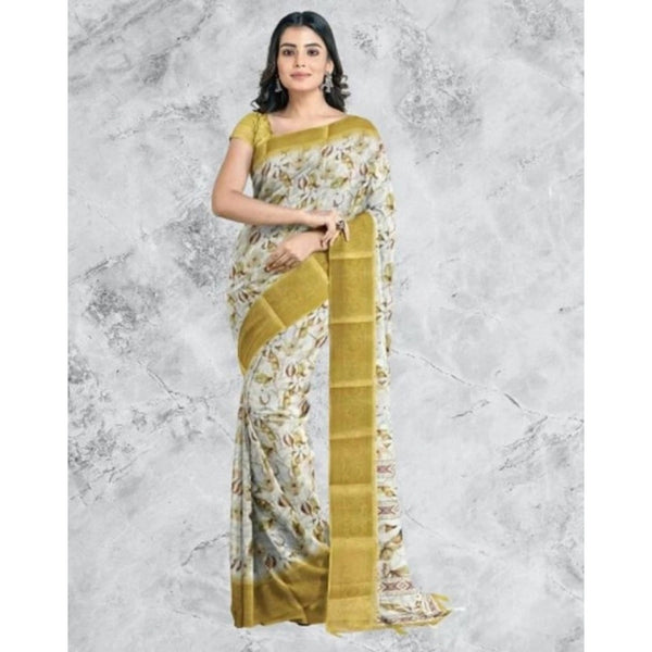 Women's Cotton Blend Floral Printed Saree With Unstitched Blouse 5.5Mtr (Mustard)