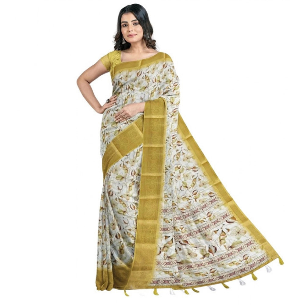 Women's Cotton Blend Floral Printed Saree With Unstitched Blouse 5.5Mtr (Mustard)