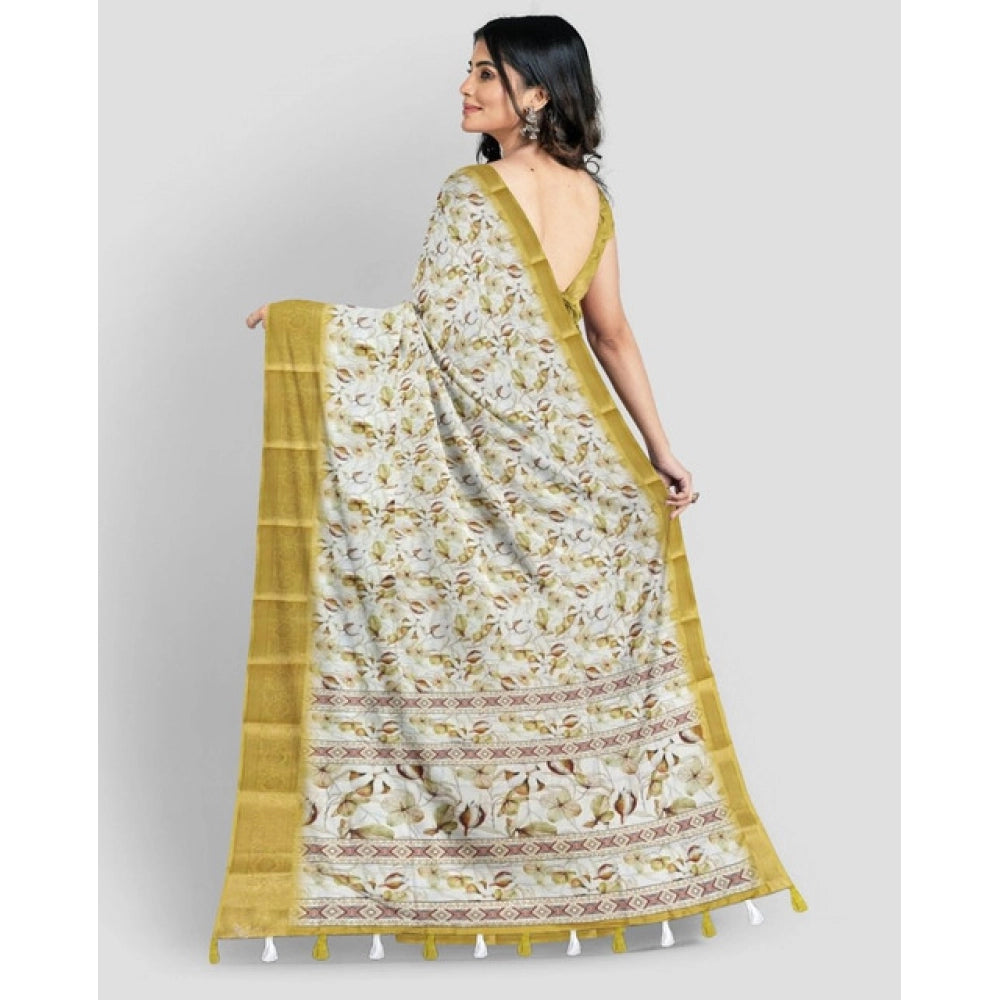 Women's Cotton Blend Floral Printed Saree With Unstitched Blouse 5.5Mtr (Mustard)