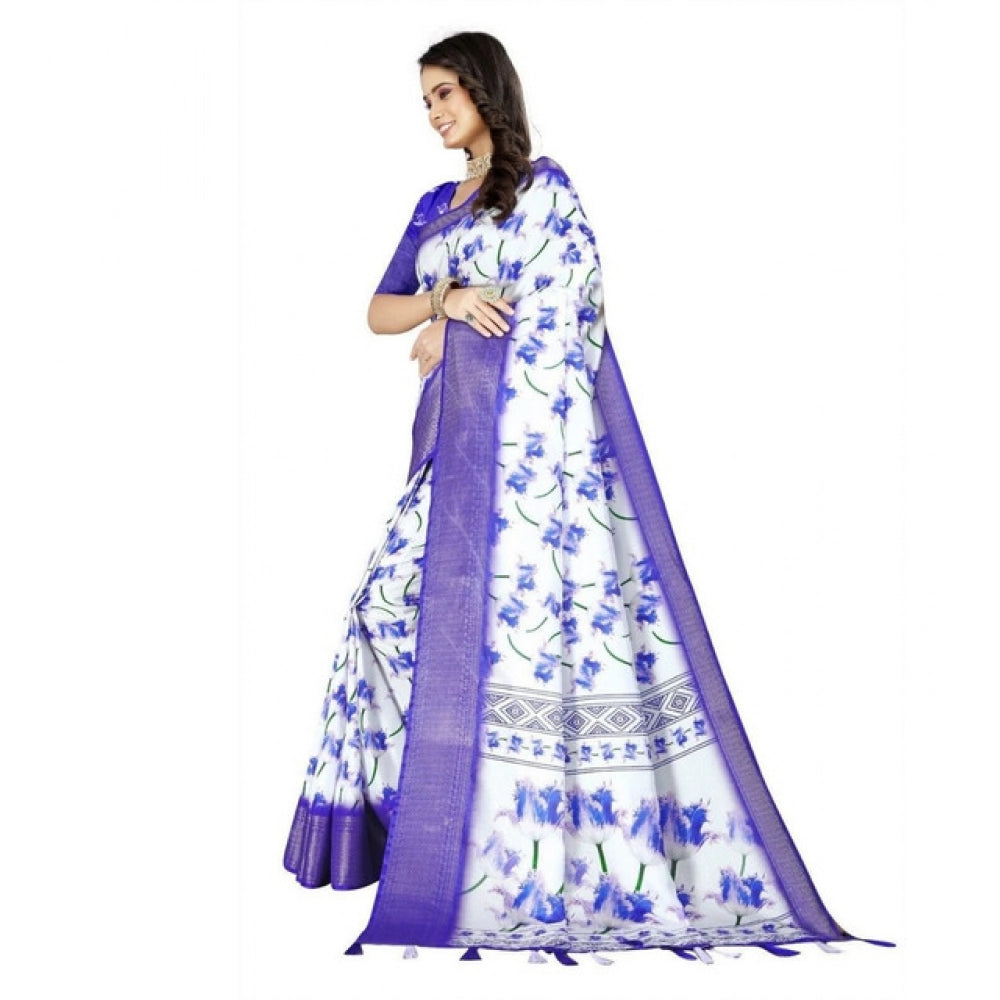 Women's Cotton Silk Floral Printed Saree With Unstitched Blouse 5.5Mtr (Blue)