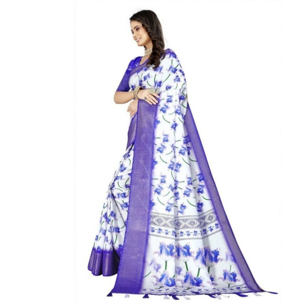 Women's Cotton Silk Floral Printed Saree With Unstitched Blouse 5.5Mtr (Blue)