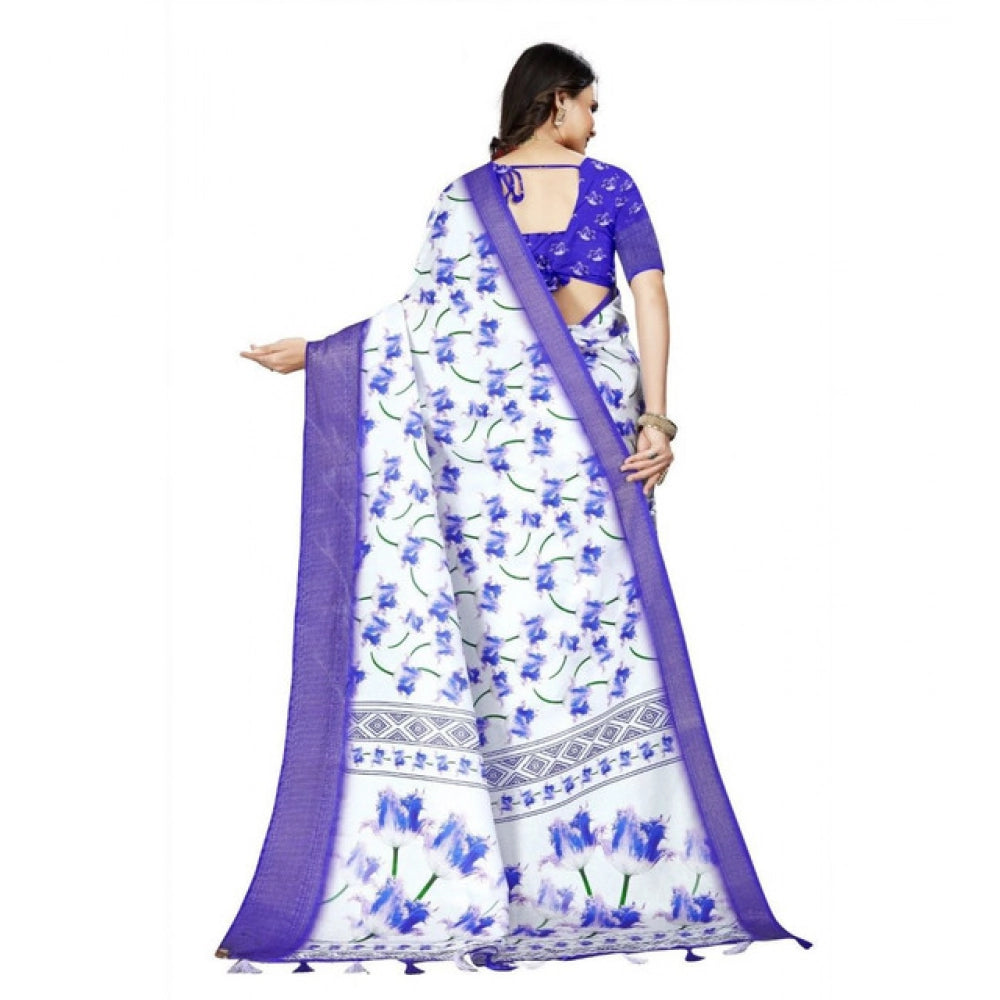 Women's Cotton Silk Floral Printed Saree With Unstitched Blouse 5.5Mtr (Blue)