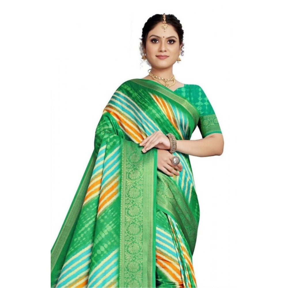 Women's Cotton Silk Striped  Saree With Unstitched Blouse 5.5Mtr (Green)