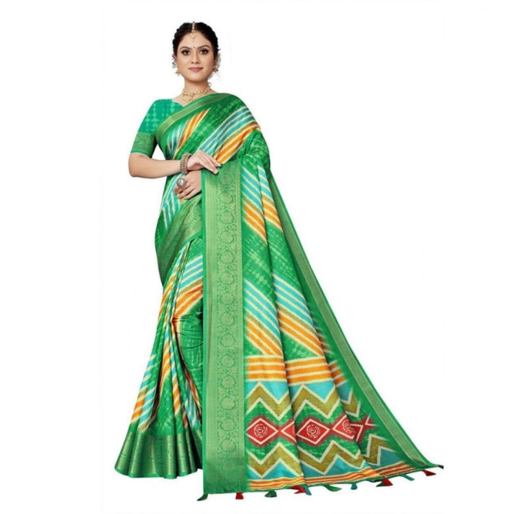 Women's Cotton Silk Striped  Saree With Unstitched Blouse 5.5Mtr (Green)