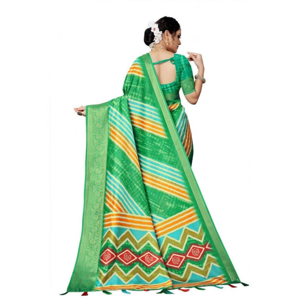 Women's Cotton Silk Striped  Saree With Unstitched Blouse 5.5Mtr (Green)