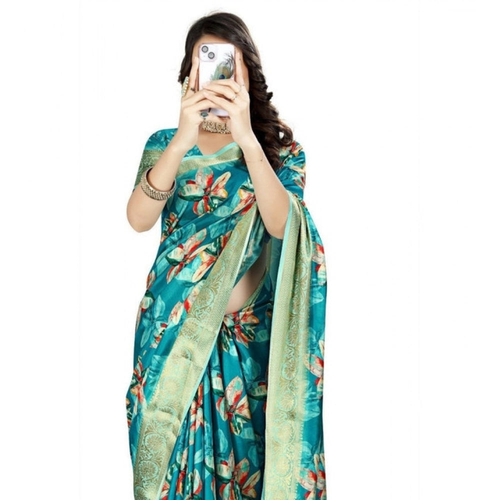 Women's Cotton Silk Floral Printed Saree With Unstitched Blouse 5.5Mtr (Turquoise)