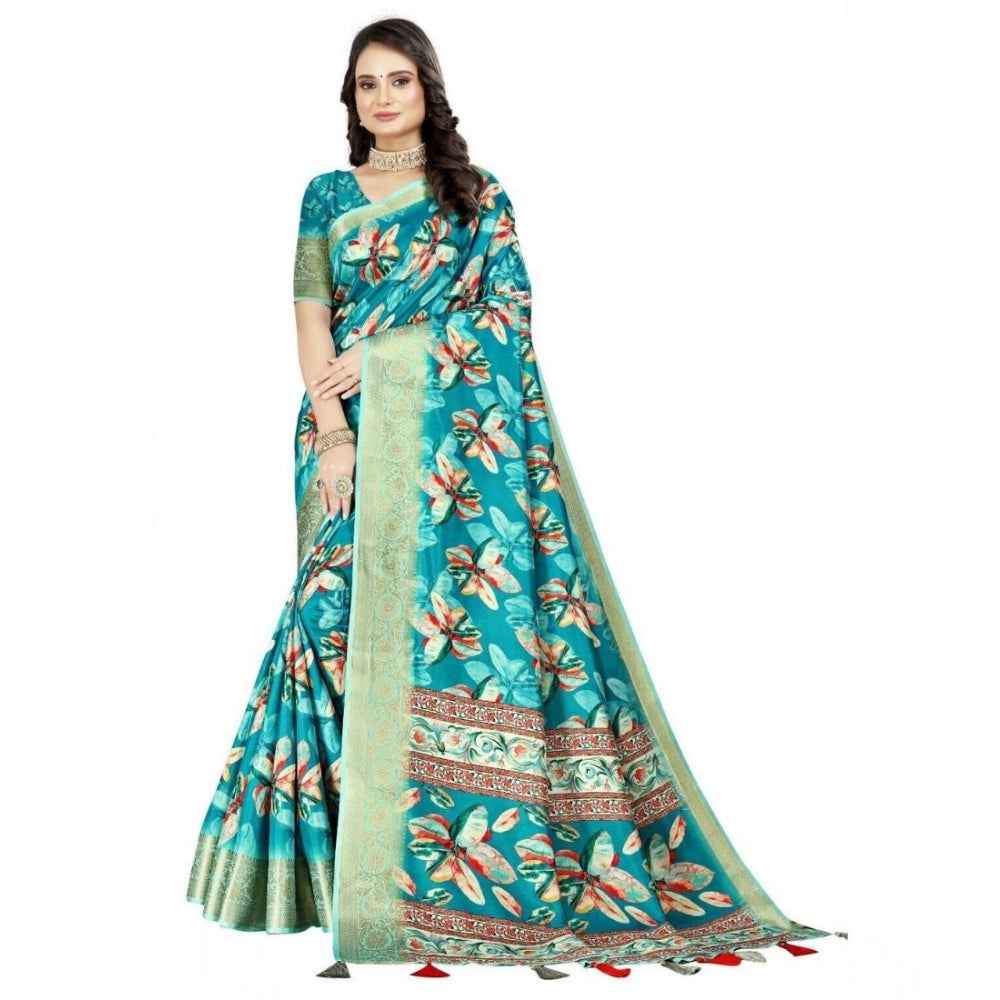 Women's Cotton Silk Floral Printed Saree With Unstitched Blouse 5.5Mtr (Turquoise)