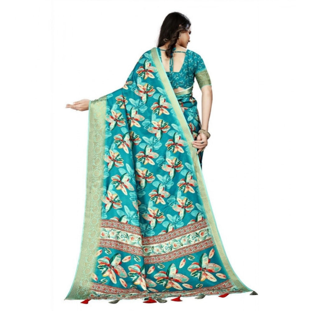Women's Cotton Silk Floral Printed Saree With Unstitched Blouse 5.5Mtr (Turquoise)