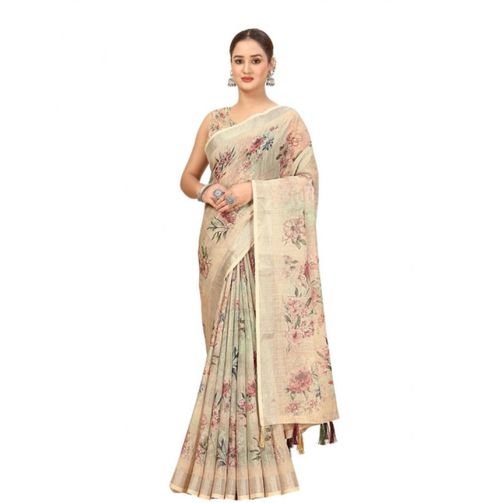 Women's Cotton Silk Floral Printed Saree With Unstitched Blouse 5.5Mtr (Cream)