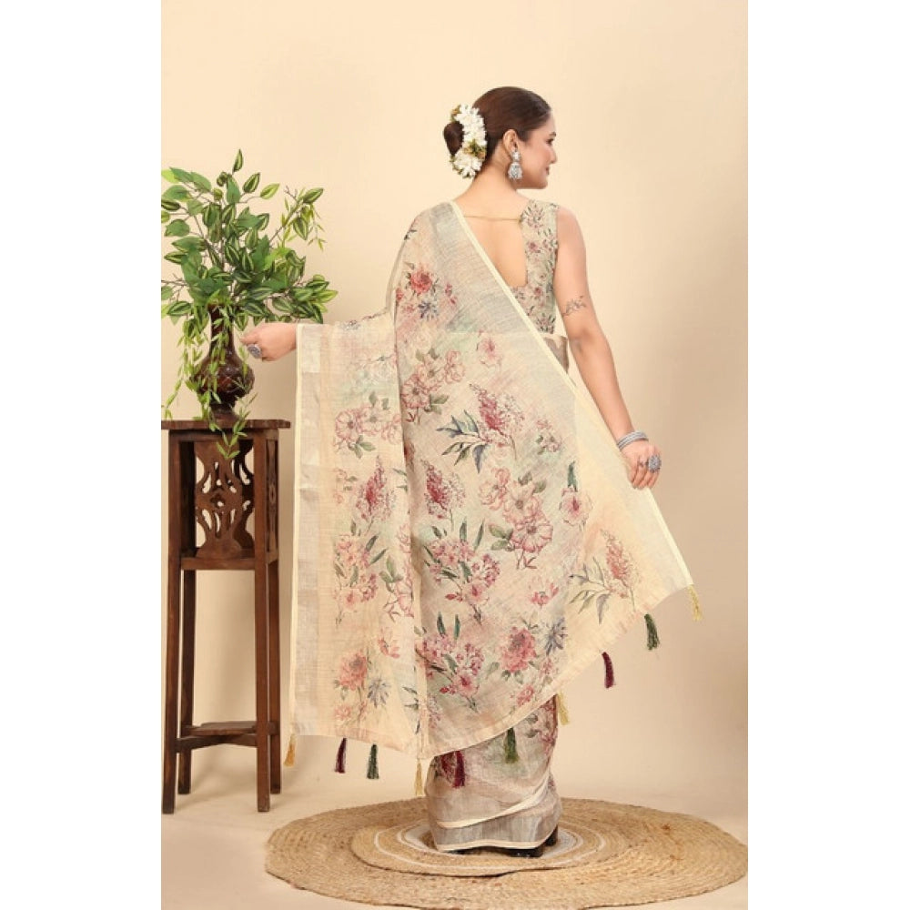 Women's Cotton Silk Floral Printed Saree With Unstitched Blouse 5.5Mtr (Cream)