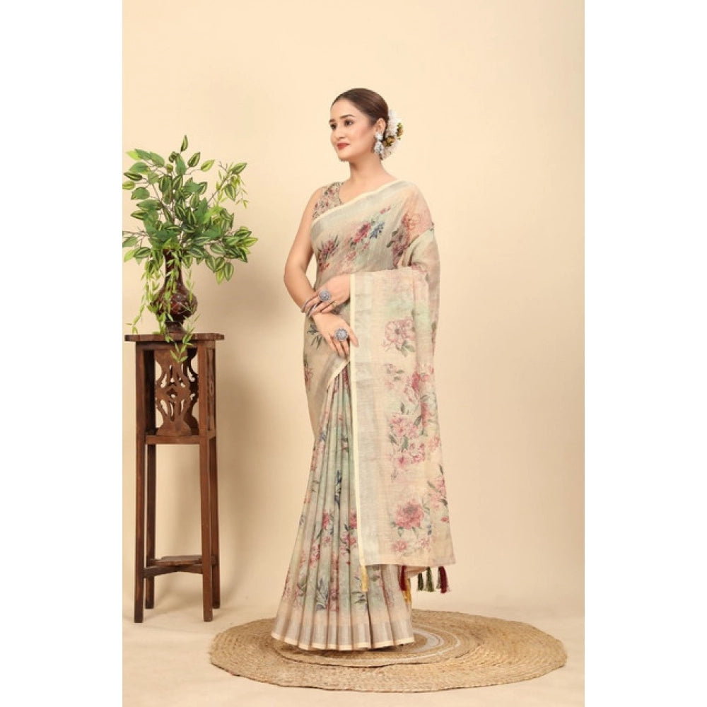 Women's Cotton Silk Floral Printed Saree With Unstitched Blouse 5.5Mtr (Cream)