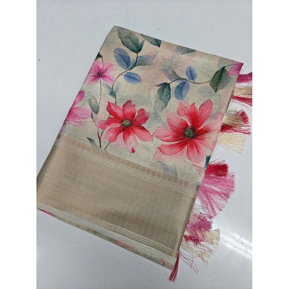 Women's Cotton Silk Floral Printed Saree With Unstitched Blouse 5.5Mtr (Beige)