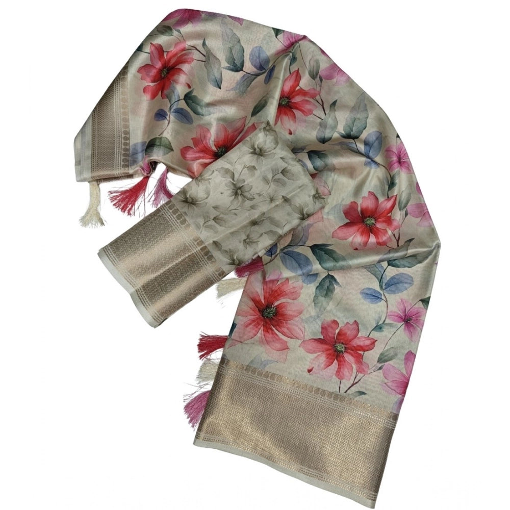 Women's Cotton Silk Floral Printed Saree With Unstitched Blouse 5.5Mtr (Beige)