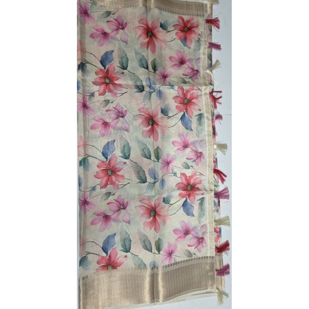 Women's Cotton Silk Floral Printed Saree With Unstitched Blouse 5.5Mtr (Beige)