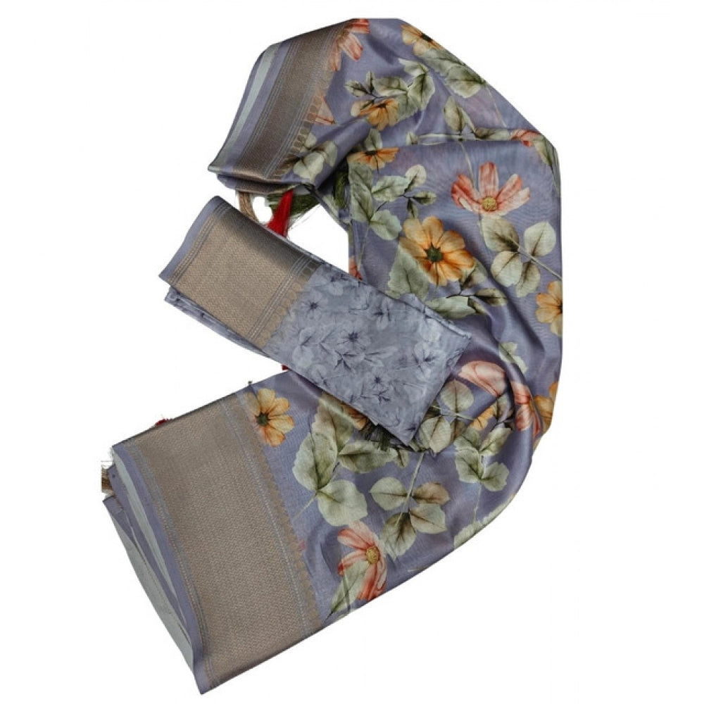 Women's Cotton Silk Floral Printed Saree With Unstitched Blouse 5.5Mtr (Grey)