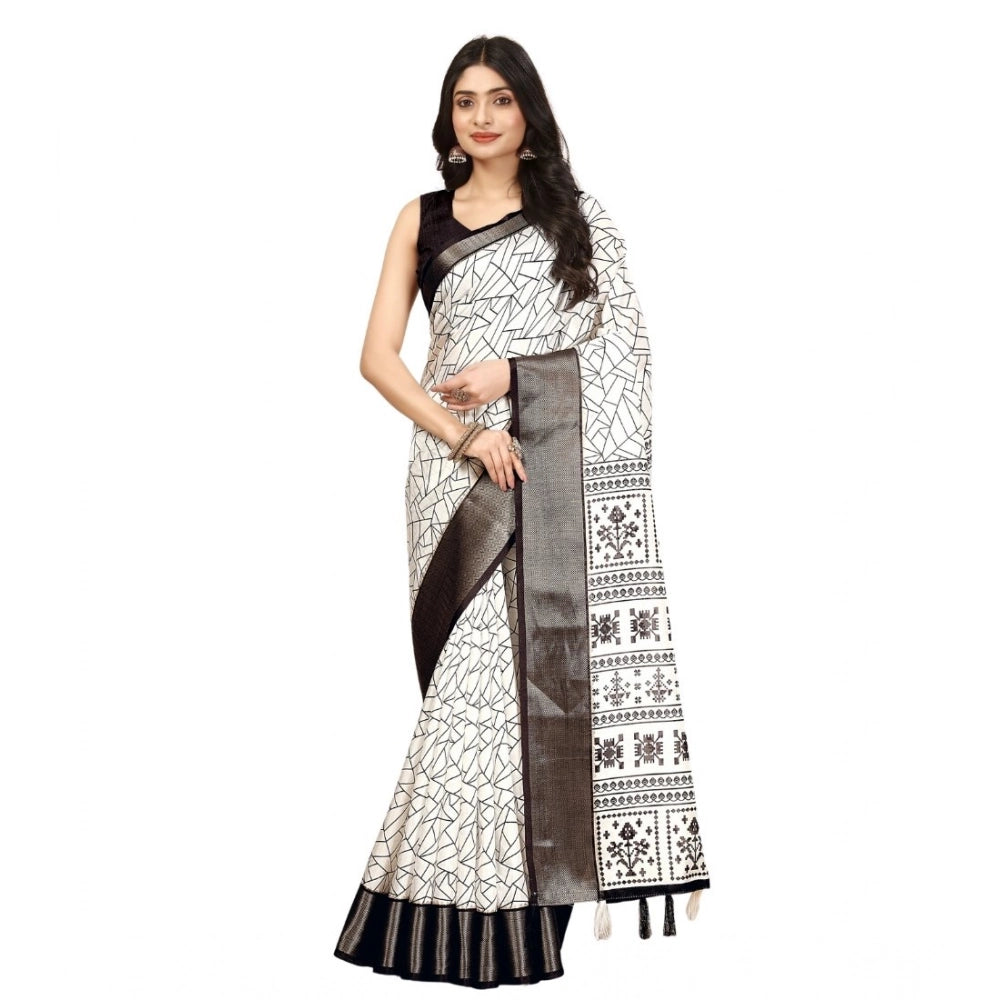 Women's Cotton Silk Printed Saree With Unstitched Blouse 5.5Mtr (White-Black)