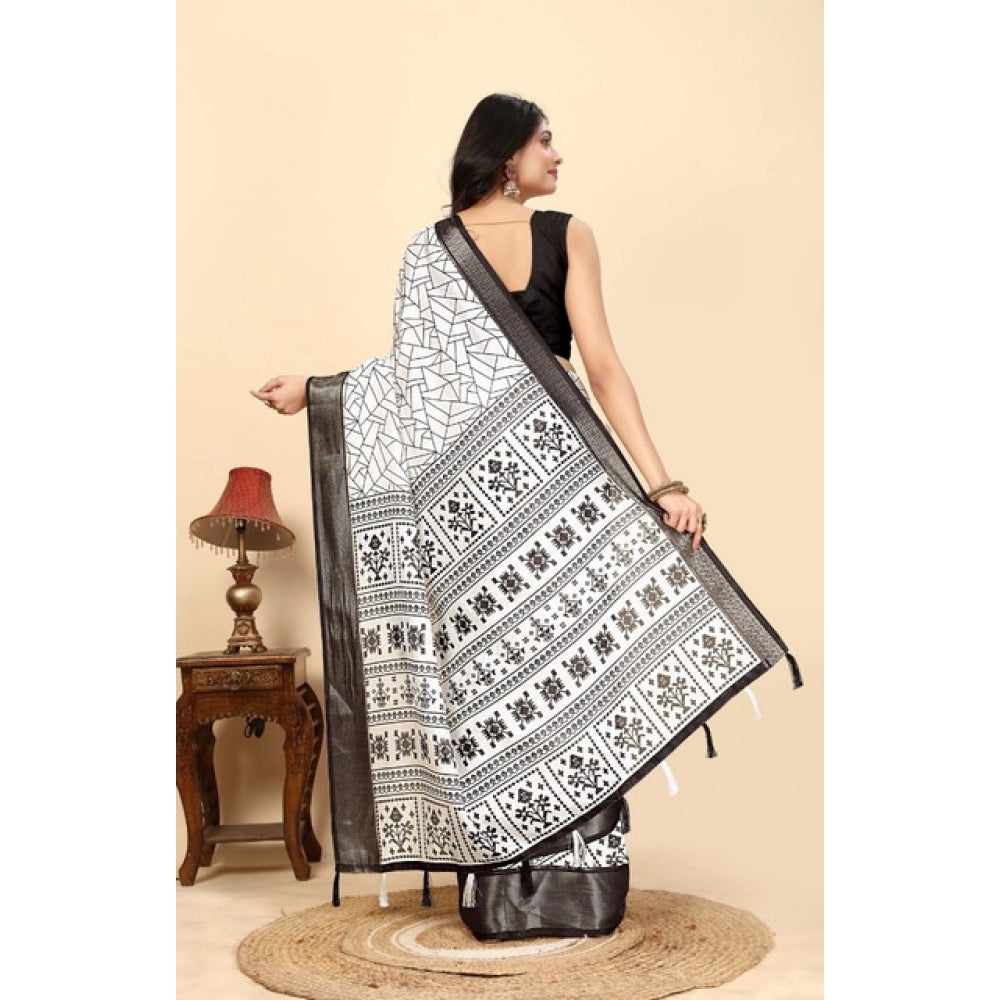 Women's Cotton Silk Printed Saree With Unstitched Blouse 5.5Mtr (White-Black)
