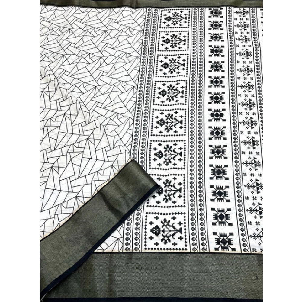Women's Cotton Silk Printed Saree With Unstitched Blouse 5.5Mtr (White-Black)