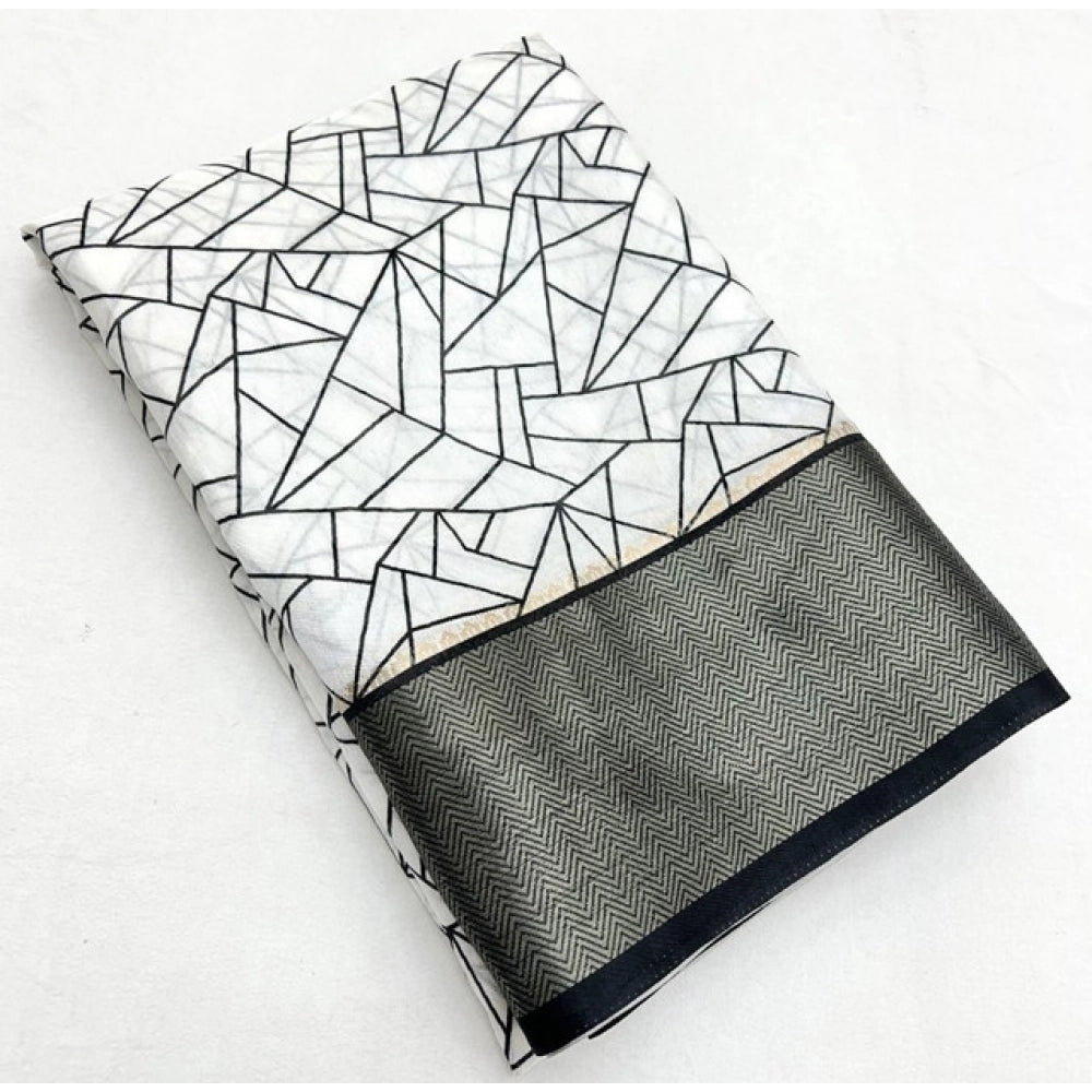 Women's Cotton Silk Printed Saree With Unstitched Blouse 5.5Mtr (White-Black)