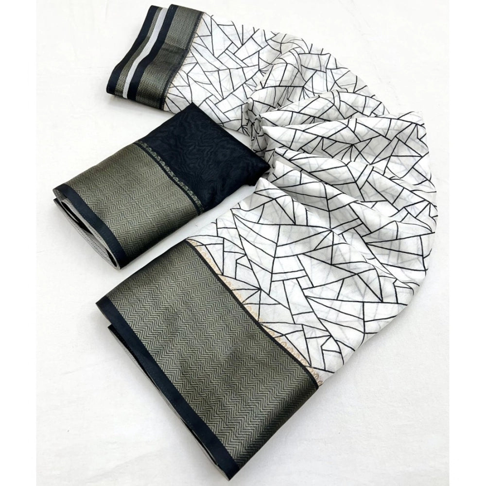 Women's Cotton Silk Printed Saree With Unstitched Blouse 5.5Mtr (White-Black)