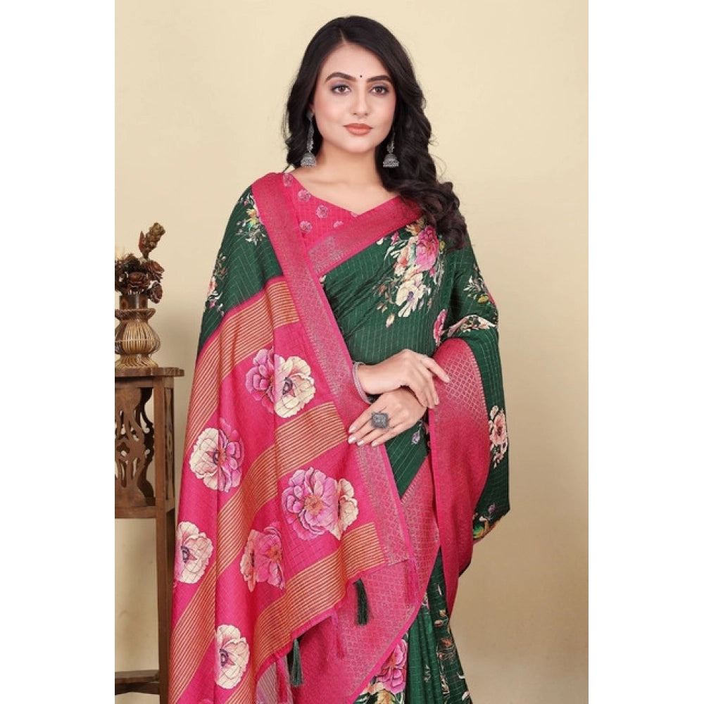 Women's Cotton Blend Floral Printed Saree With Unstitched Blouse 5.5Mtr (Green)