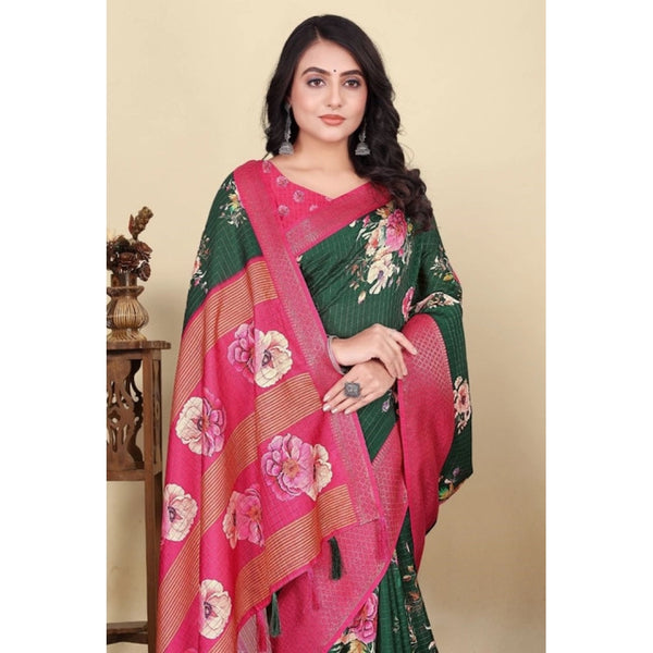 Women's Cotton Blend Floral Printed Saree With Unstitched Blouse 5.5Mtr (Green)