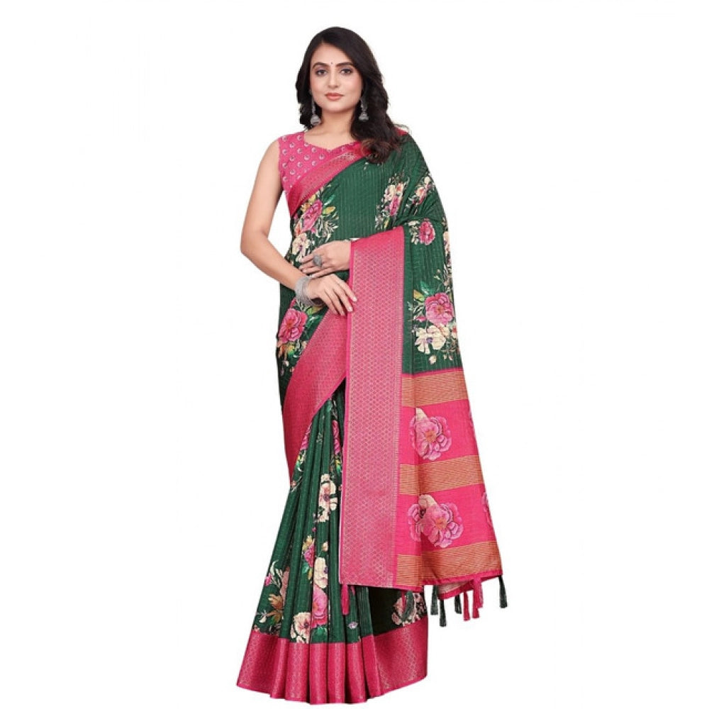Women's Cotton Blend Floral Printed Saree With Unstitched Blouse 5.5Mtr (Green)