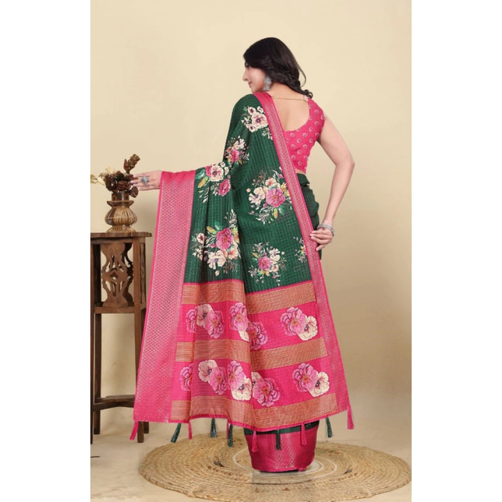 Women's Cotton Blend Floral Printed Saree With Unstitched Blouse 5.5Mtr (Green)