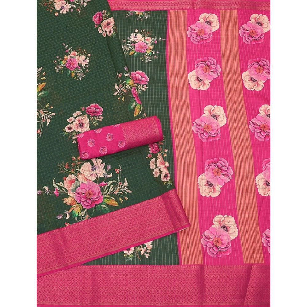 Women's Cotton Blend Floral Printed Saree With Unstitched Blouse 5.5Mtr (Green)