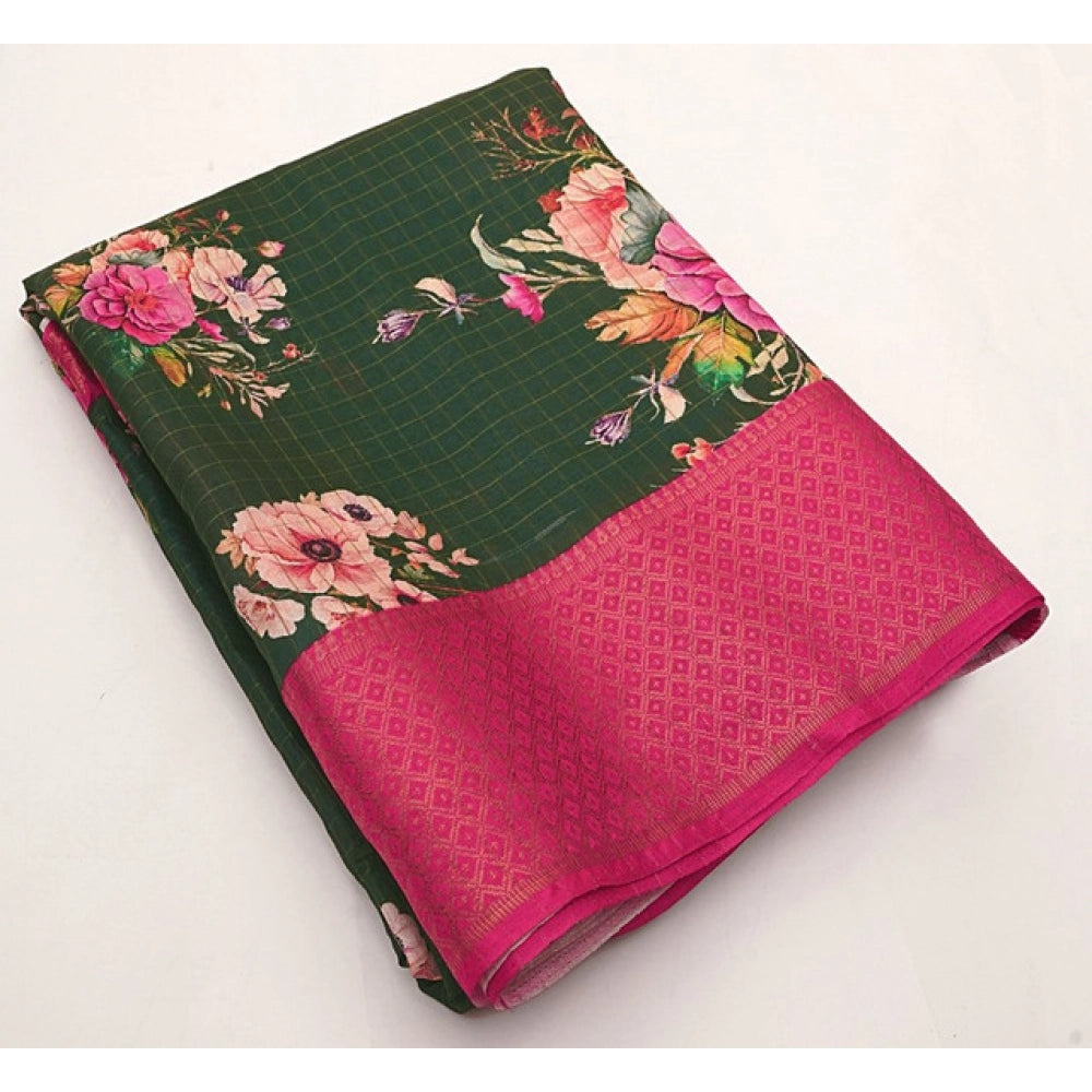Women's Cotton Blend Floral Printed Saree With Unstitched Blouse 5.5Mtr (Green)