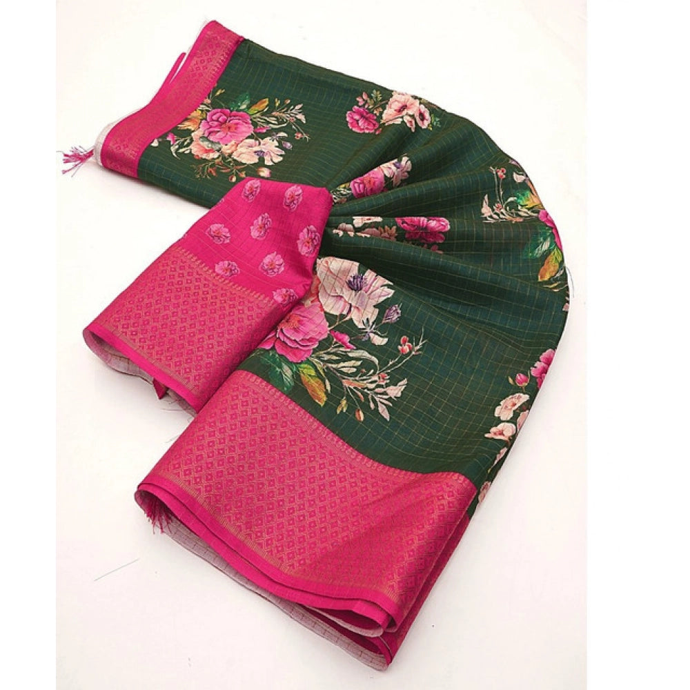 Women's Cotton Blend Floral Printed Saree With Unstitched Blouse 5.5Mtr (Green)