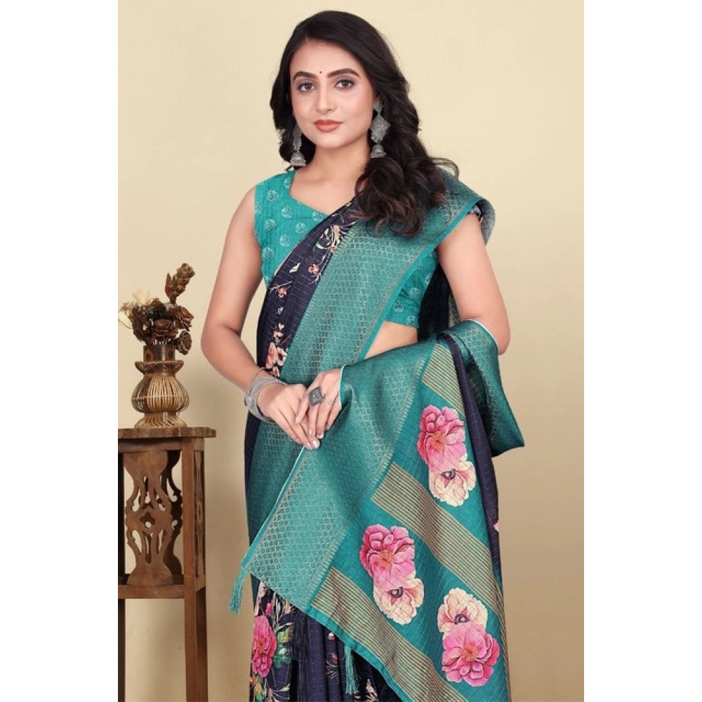 Women's Cotton Blend Floral Printed Saree With Unstitched Blouse 5.5Mtr (Navy Blue)