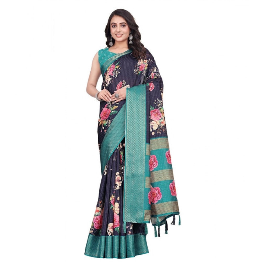 Women's Cotton Blend Floral Printed Saree With Unstitched Blouse 5.5Mtr (Navy Blue)
