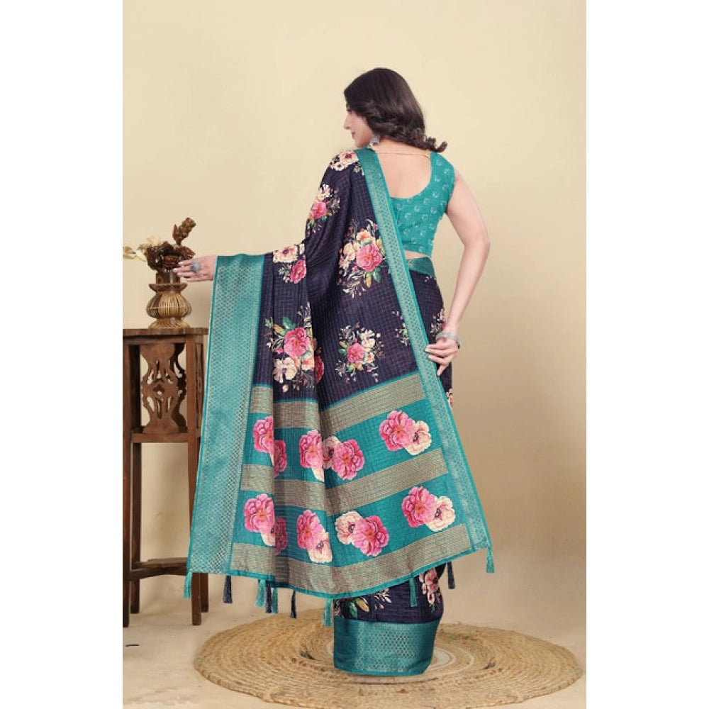Women's Cotton Blend Floral Printed Saree With Unstitched Blouse 5.5Mtr (Navy Blue)