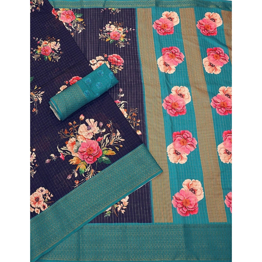 Women's Cotton Blend Floral Printed Saree With Unstitched Blouse 5.5Mtr (Navy Blue)