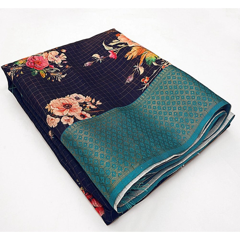 Women's Cotton Blend Floral Printed Saree With Unstitched Blouse 5.5Mtr (Navy Blue)