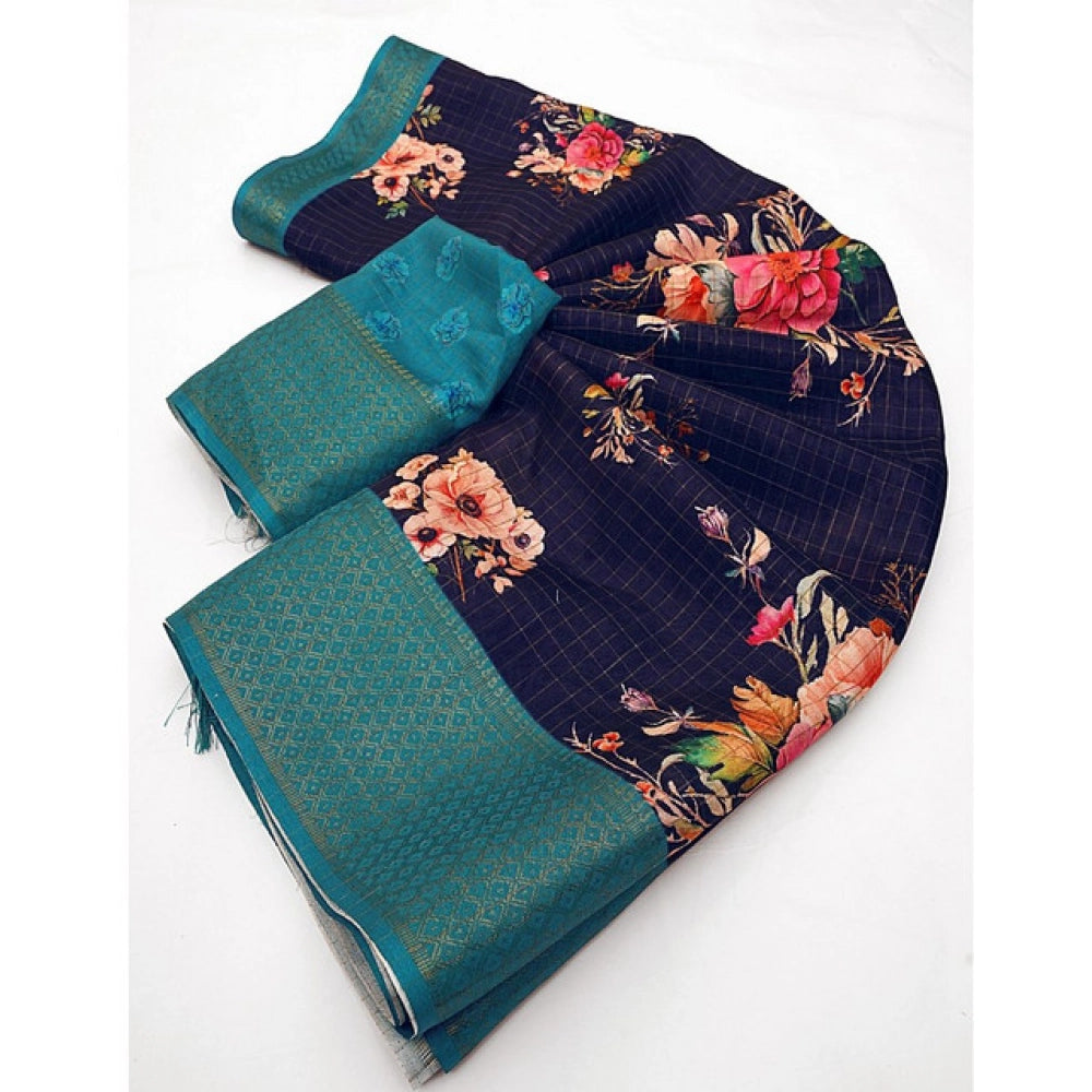 Women's Cotton Blend Floral Printed Saree With Unstitched Blouse 5.5Mtr (Navy Blue)