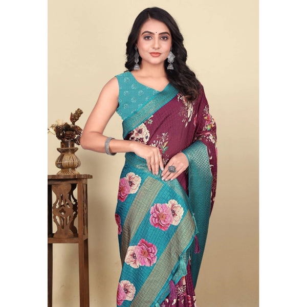 Women's Cotton Blend Floral Printed Saree With Unstitched Blouse 5.5Mtr (Maroon)