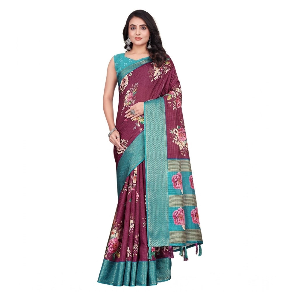 Women's Cotton Blend Floral Printed Saree With Unstitched Blouse 5.5Mtr (Maroon)