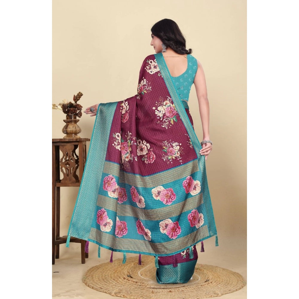Women's Cotton Blend Floral Printed Saree With Unstitched Blouse 5.5Mtr (Maroon)