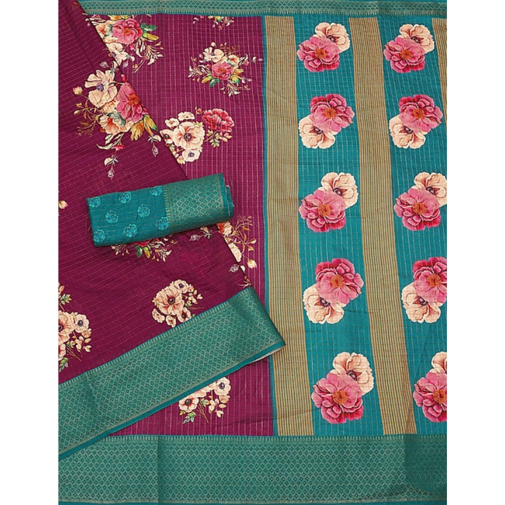 Women's Cotton Blend Floral Printed Saree With Unstitched Blouse 5.5Mtr (Maroon)