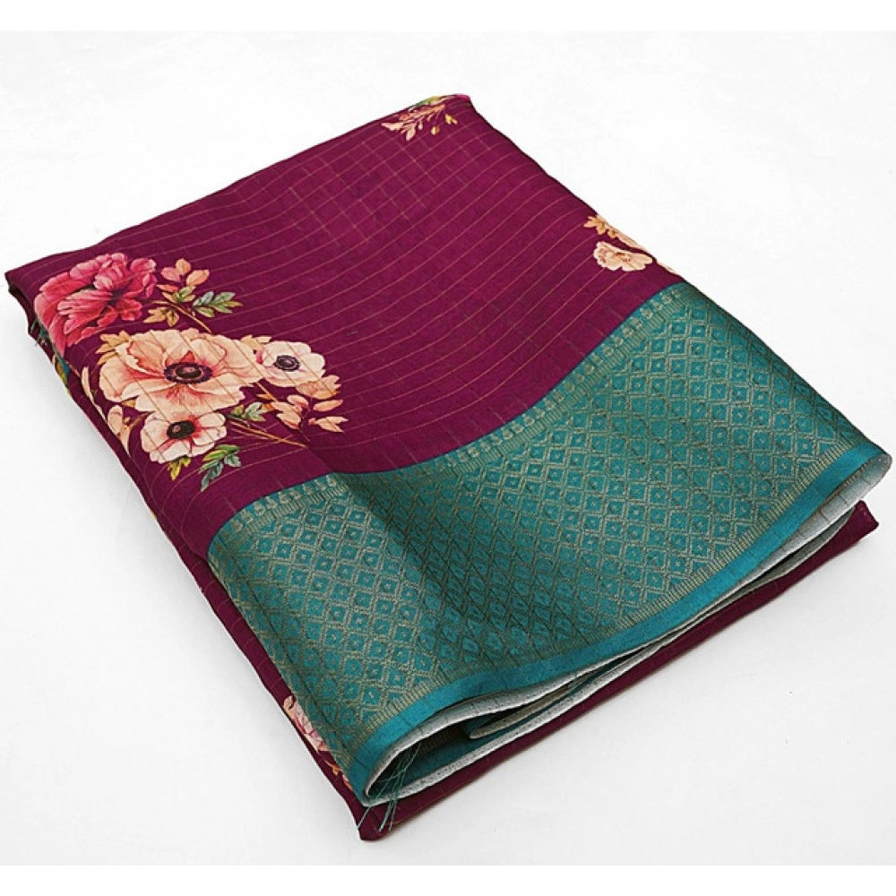 Women's Cotton Blend Floral Printed Saree With Unstitched Blouse 5.5Mtr (Maroon)